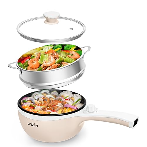 Dezin Hot Pot Electric with Steamer Upgraded, Non-Stick Sauté Pan, Rapid Noodles Electric Pot, 1.5L Mini Pot for Steak, Egg, Fried Rice, Ramen, Oatmeal, Soup with Power Adjustment (Egg Rack Included) - G(Beige/with Steamer)