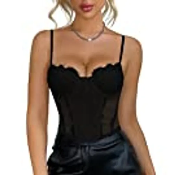 Modegal Women's Lace Mesh Bustier Fish Boned Push Up Sheer Spaghetti Straps Going Out Corset Crop Top with Underwire