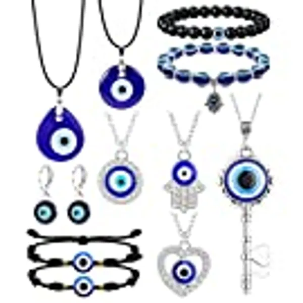 Jslohas 11Pcs Evil Eye Necklace Pendant for Women Men Leather Rope Evil Eye Earrings Protection Bracelet Jewelry Set Evil Eye Charms