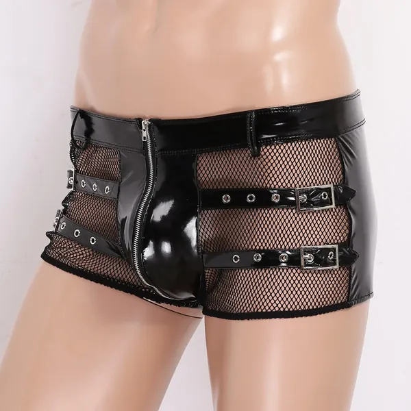 Fermeture éclair avant en cuir noir Lingerie pour hommes, strings Bikini Sous-vêtements Silky Gloss taille basse Slips Sous-vêtements avec fermeture éclair avant