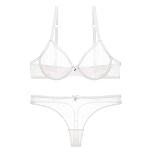 varsmiss Women See Through Mesh Bra and Thong Set Transparent Sexy Underwear - White - 34C
