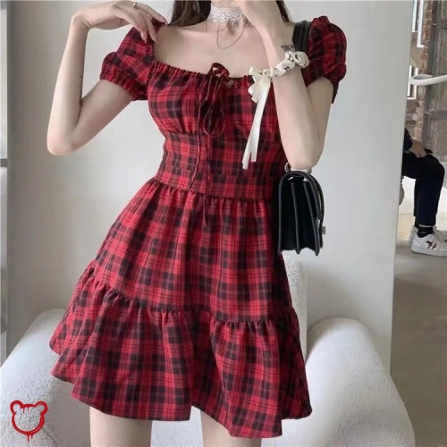 Red Plaid Grunge Dress - red / S