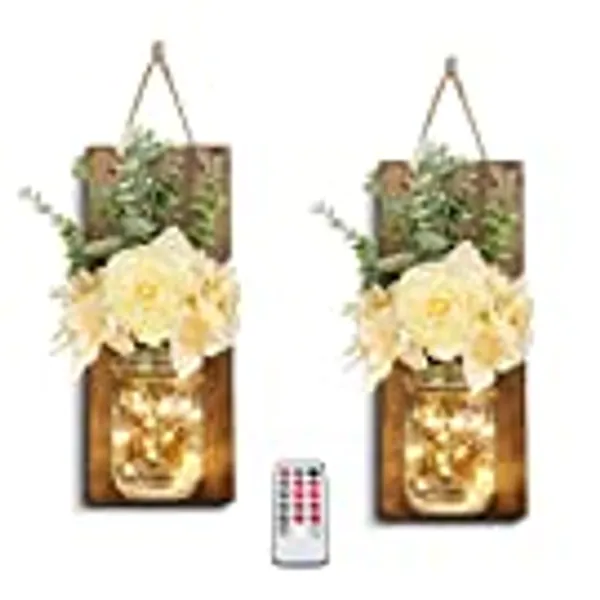 HOMKO Rustic Wall Decor, Mason Jars Wall Sconces, with Remote Control Multi-mode LED Lights and Flowers, Hanging Rural Farmhouse Kitchen Bathroom Bedroom Living Room Home Decor (Set of 2) -Dark Brown