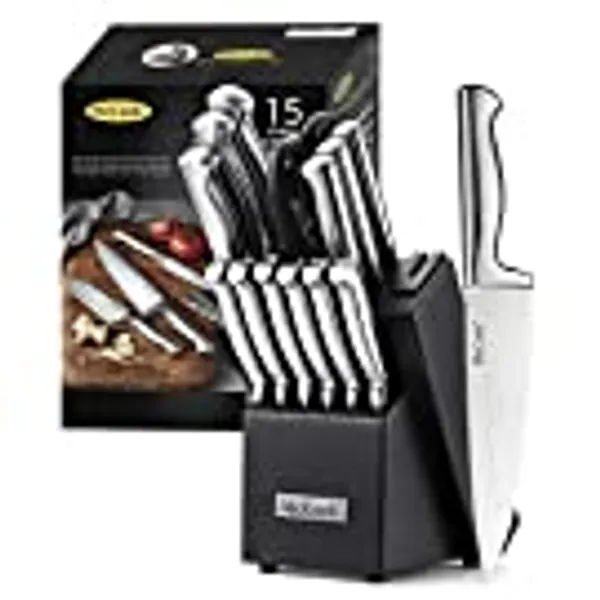 McCook® MC21 Knife Sets,15 Pieces German Stainless Steel Knife Block Sets with Built-in Sharpener