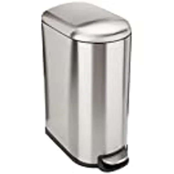 Amazon Basics 40 Liter / 10.5 Gallon Soft-Close, Smudge Resistant Trash Can with Foot Pedal for Narrow Spaces - Brushed Stainless Steel