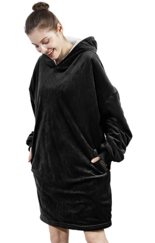AmyHomie Blanket Sweatshirt,Oversized Sherpa Hooded Sweatshirt Blanket,Fleecehug Hoodie Wearable Blanket with Pocket for Adults & Kids & Teens - Black 35"