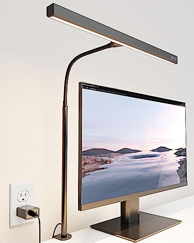 SUPERDANNY LED Desk Lamp for Office Home, Eye-Caring Desk Light with Adjustable Gooseneck, 12W Touch Control Dimmable Brightness, Architect Clamp Lamp with USB Adapter for Reading Study Workbench - Black