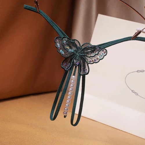 Butterfly Pearl Lingerie Open Crotch Panties - Green / S