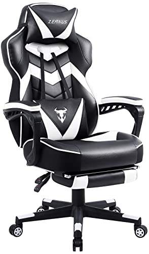 Zeanus Ergonomic Gaming Computer Chair, Recliner Computer Chair with Footrest, Office Gamer Chair with Massage, Big and Tall Racing Chair, Gaming Chairs for Adults, High Back Gaming Desk Chair White - White