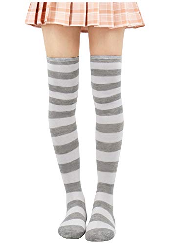 DAZCOS Striped Thigh High Socks Elastic Over The Knee Knit Stockings for Christmas Daily and Anime Cosplay - Grey+white