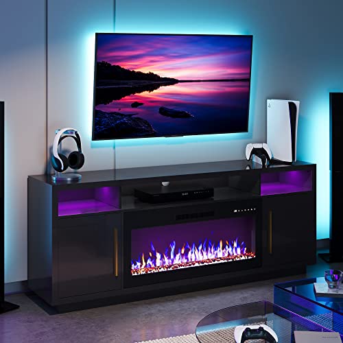 BELLEZE 70" Fireplace TV Stand for TVs Up to 75", LED Light Entertainment Center with 36" Electric Fireplace Heater, Storage Cabinet, Media Console Table For Living Room - Avenue (Black) - 70" Avenue A - Black