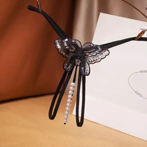 Butterfly Pearl Lingerie Open Crotch Panties - Black / S