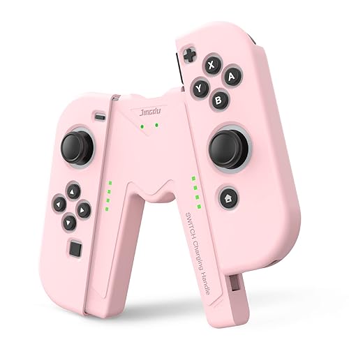 JINGDU Switch Joy-Con Charging Grip Compatible with Nintendo Switch & OLED Model, Play While Charging, Portable V-Shaped Switch Joy-Con Controller Charger with Indicators, Pink - Pink
