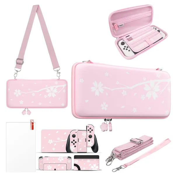Mytrix Cute Carrying Case for Nintendo Switch OLED, Portable Hard Shell Pouch for Switch Console Accessories Travel Storage Bag for Switch Protective Bag with10 Game Card Slots, 4 in 1 Bundle with Pink Sakura Skin Stickers, 9H Tempered Glass Screen Protector, 2 Sakura Joystick Caps, Pink Cherry Blossoms Kawaii - pink