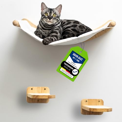 AZANO® Kletterwand Katzen | Katzenhängematte XL [Extra Stabil und Groß] mit Katzentreppe für die Wand | Katzenleiter mit Schlafplatz | Katzenbett zum Klettern aus Natur-holz | 3-Teilig (mit Treppchen) - mit Treppchen