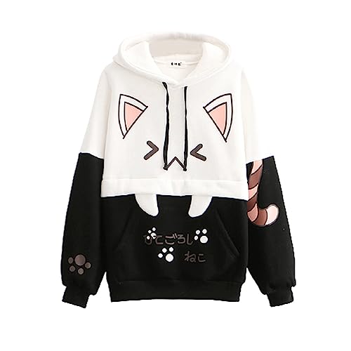 Himifashion Niedlicher Kapuzenpullover für Teenager, Mädchen, Kawaii-Katzen-Druck, Pullover, Kapuzen-Top, plus Samt-Sweatshirt, locker, warmer Kapuzenpullover - Einheitsgröße - Schwarz