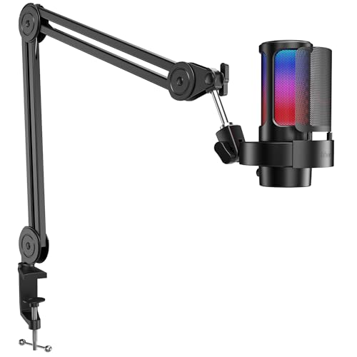 FIFINE Gaming Microphone and Heavy Duty Boom Arm Bundle, USB PC Mic with RGB Control, Mute Touch, Headphone Jack, Pop Filter, Stand for Streaming, Podcasts, Recording on Mac/PS4/PS5 (A8+BM63)