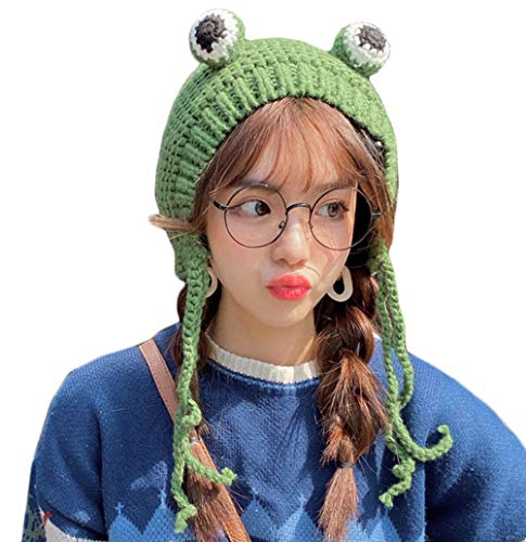Women Girls Crochet Knitted Winter Headband Hat Beanie Cute Cartoon Frog Big Eyes Earflap Cap Photo Props - 1 Count (Pack of 1) - Full Coverage Frog Hat