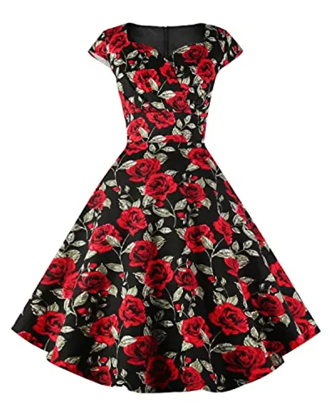 Hanpceirs Women's Cap Sleeve 1950s Retro Vintage Cocktail Swing Dresses with Pocket