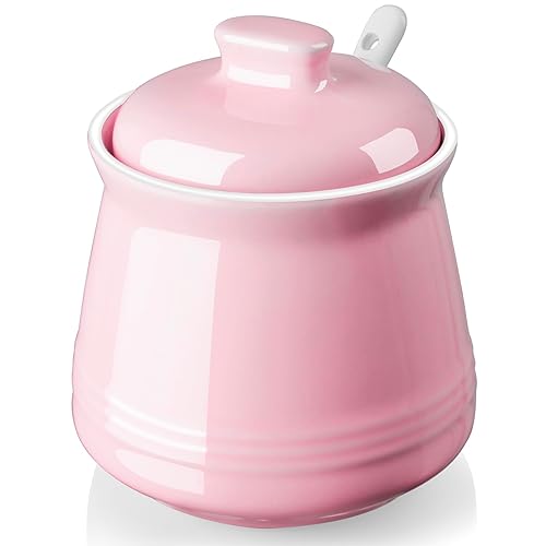 DAYYET Sugar Bowl with Lid and Spoon - 12 oz Ceramic Sugar Bowl with Spoon - Sugar Container for Coffee Bar - Sugar Jar Sugar Dispenser Bowl - Pink Kitchen Decor and Accessories - Pink