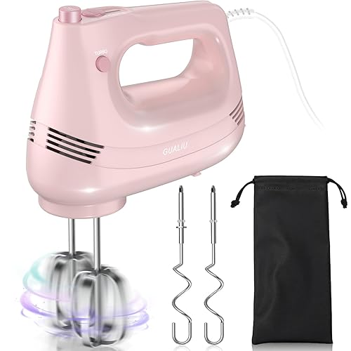 GUALIU Electric Hand Mixer with Stainless Steel Whisk, Dough Hook Attachment and Storage Bag, Handheld Mixer for Baking Cakes, Eggs, Cream Food Mixers. Turbo Boost /5 Speed Kitchen Blender PINK - Pink