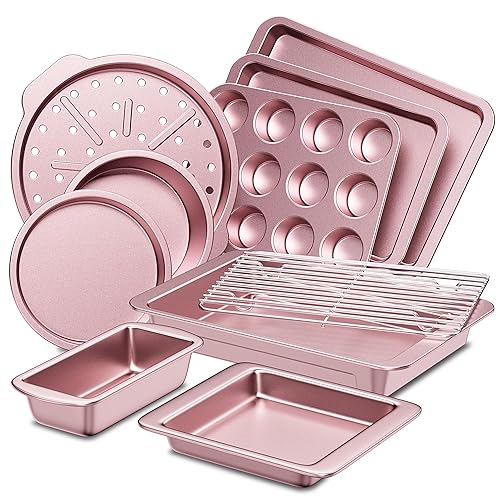 HONGBAKE Bakeware Sets, Baking Pans Set, Nonstick Oven Pan for Kitchen with Wider Grips, 10-Piece Including Rack, Cookie Sheet, Cake Pans, Loaf Pan, Muffin Pan, Pizza Pan - Pink - Pink - 10 Pieces Set