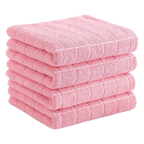 Homaxy 100% Cotton Terry Kitchen Towels(Pink, 13 x 28 inches), Checkered Designed, Soft and Super Absorbent Dish Towels, 4 Pack - Pink - 13 x 28 - 4 Pack