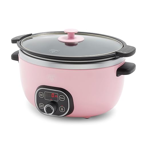 GreenLife 6 Quart Ceramic Slow Cooker, PFAS-Free, Programmable, Removable Healthy Nonstick Pot for Family Meals, Sear on Stovetop, Keep Warm, Digital Timer, Dishwasher Safe Glass Lid & Crock, Pink - Pink - 6 Quarts - Slow Cooker
