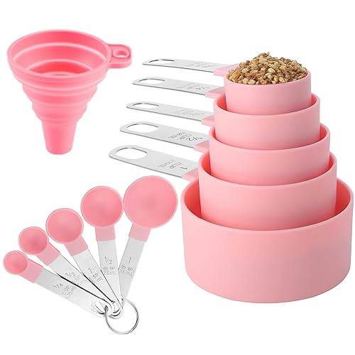 Measuring Cups and Spoons Set of Huygens Kitchen Gadgets 10 Pieces, Stackable Stainless Steel Handle Measuring Cups for Measuring Dry and Liquid Ingredient (Pink) - Pink