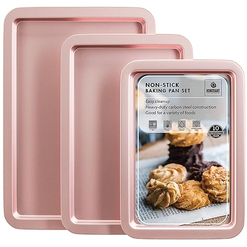 HONGBAKE Baking Sheet Pan Set, Cookie Sheet for Oven, Nonstick Bakeware Sets with Wider Grips, 3 Pack Half/Jelly Roll/Quarter Baking Tray, Premium, Dishwasher Safe-Pink - Pink - L/M/S