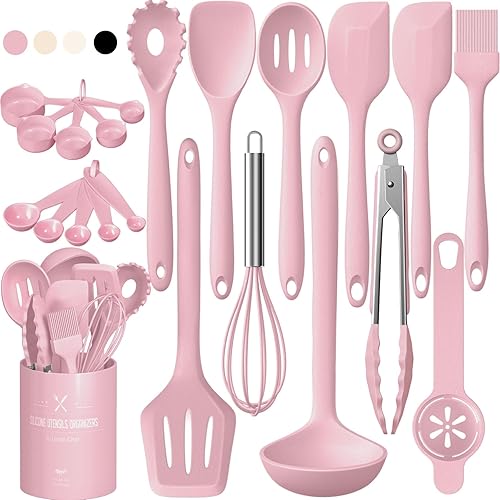 Umite Chef 22Pcs Silicone Cooking Utensils Set, Heat Resistant Silicone Kitchen Spatulas Set with Holder, Cooking Gadgets Tools Set for Nonstick Cookware, Dishwasher Safe(Pink) - Pink