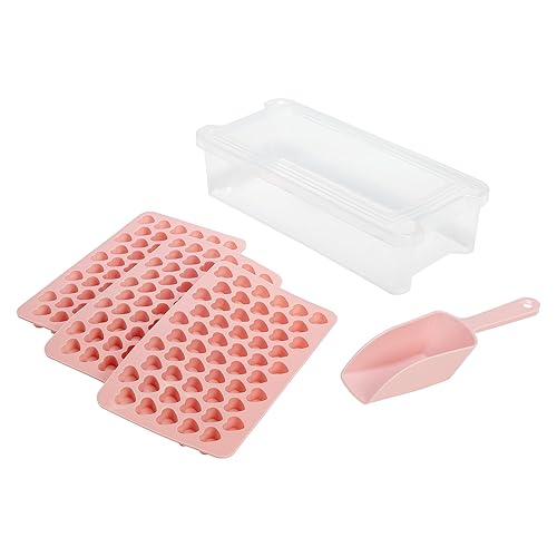 Paris Hilton Heart Shaped Mini Ice Cube Tray Set, Includes 3 Mini Ice Cube Molds, Ice Bin Storage Container with Lid and Ice Scoop, Easy Release Silicone Ice Mold, Made without BPA, 6-Piece Set, Pink