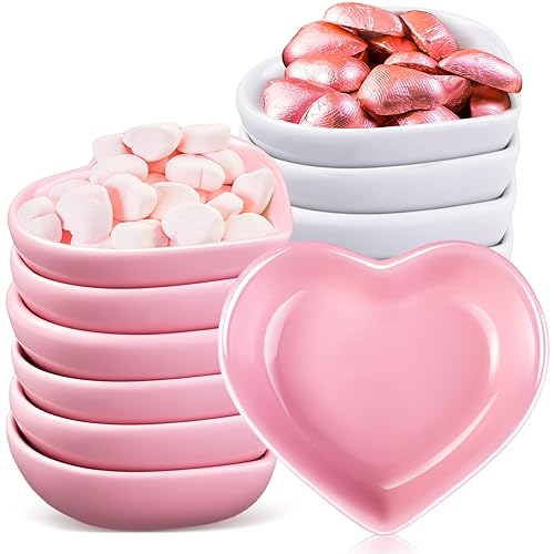 Hushee 12 Pcs Valentine's Day Heart Shaped Side Dish Bowl Ceramic Seasoning Dishes Soy Dipping Sauce Dishes Bowl for Valentine's Day Party Wedding Party (Pink, White,Solid) - Solid - Pink, White