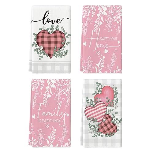 Artoid Mode Pink Buffalo Plaid Heart Love Valentine's Day Kitchen Towels Dish Towels, 18x26 Inch Farmhouse Wedding Decoration Hand Towels Set of 4 - 18" x 26" - Pink