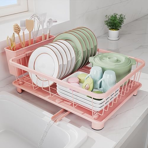 Hiviweer Pink Dish Drying Rack - Space-Saving Dish Rack,Dish Racks for Kitchen Counter with Drainboard, Birthday Christmas Day Mothers Day Thanksgiving Gifts for Mom Grandma Wife Kitchen Enthusiasts - Pink