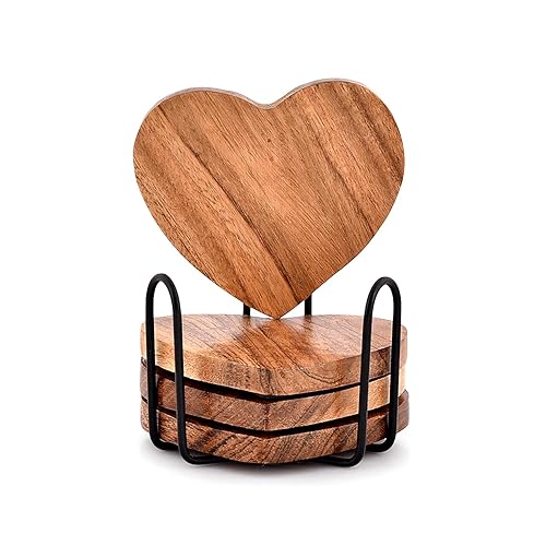 Samhita Acacia Wood Heart Shape Coaster Set of 4 with Iron Holder for Coffee Table Décor Housewarming Gift New Home Kitchen Décor