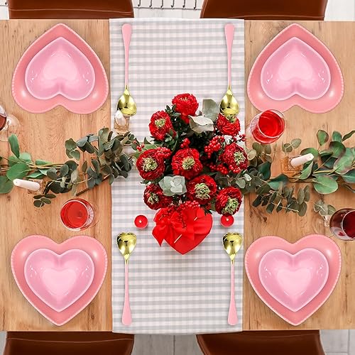 Nitial 12 Pcs Heart Bowl Set Heart Shaped Bowl Cute Ceramic Bowl Heart Shaped Plates Spoons Dishes Elegant Candy Dish for Valentine's Day Dinnerware Baking Kitchen Party(White Plate) - Pink