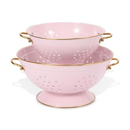 Metal Colander Set of 2, Strainer Basket with Handles 3.5 & 5 Qt Powder Coated Self-draining Solid Ring Base Metal Large Kitchen Colander Bowel for Pasta Vegetable Fruit (PINK) - Pink