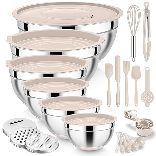 E-far 25PCS Mixing Bowls with Lid Set, Stainless Steel Nesting Prep Bowls with Grater Attachments Kitchen Gadgets Non-Slip Bottoms for Cooking, Serving, Food Storage, 4.6/2.6/2/1.5/1/0.7QT - Khaki - Khaki