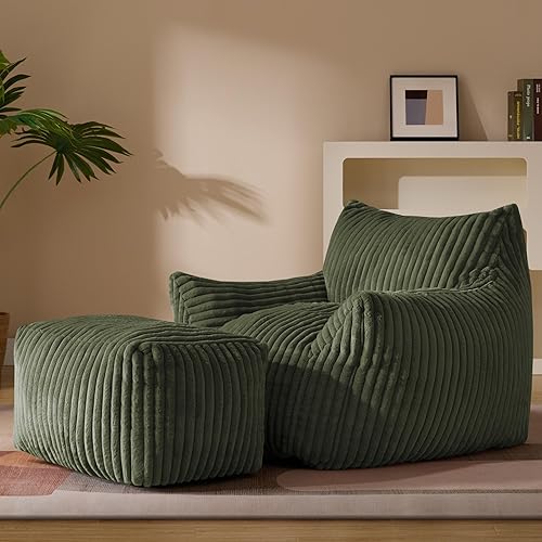 Giant Plush Bean Bag Chair  with Armrests and Footstool - Oversized Comfy Green Beanbag Chaise Lounge Lazy Floor Sofa Chair for Living Room, Bedroom & Dorm, Cozy Fluffy Cloud Mini Couch - XL Sofa Chair + Footstool - Green