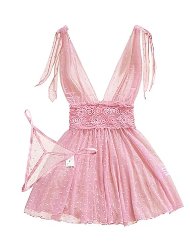 Lilosy Sexy Polka Dots Mesh Sheer Lace Babydoll Chemise Lingerie Set Floral Lace Nightwear - X-Small - Pink
