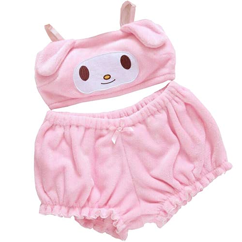 whitzard Damen Anime Kein Stützdraht Kostüme Tube Top Bloomers Shorts Urgemütlich Süß Kawaii Anime Nachtwäsche Anzüge Samtartig Set - Dick Rosa - L