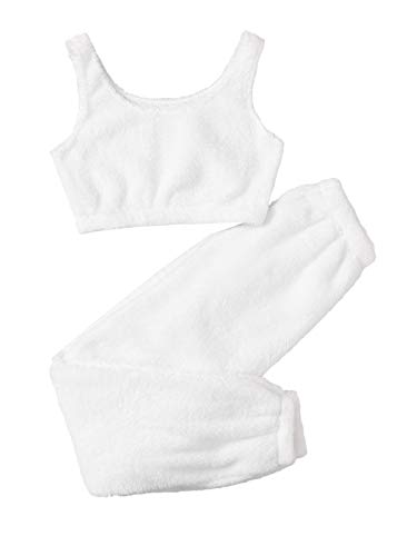 SheIn Women's Two Piece Fuzzy Pajama Lounge Set Crop Tank Top with Pants Sleepwear Loungewear - Small - White