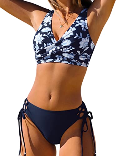 CUPSHE Women's Bikini Swimsuit Front Cross Lace Up Two Piece Bathing Suit - X-Small - Marine Blue