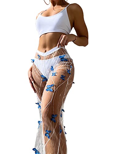 MakeMeChic Women's 3 Piece Swimsuit Full Coverage Bikini Set with Butterfly Cover Up Pants - Medium - White