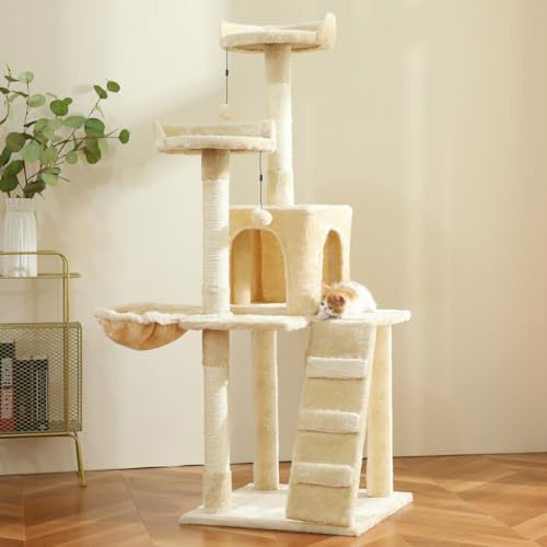 KZLAA 54in Cat Tree Cat Tower Condo Furniture Scratch Post with Natural Sisal Rope, Hammock & Cradle for Cats Kittens, Tall Cat Climbing Stand with Plush Perch & Toys (Beige) - 54in - Beige