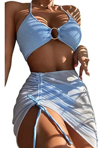 MakeMeChic Women's 3 Piece Bathing Suits Halter Ring Bikini Set with Cover Up Skirt - Small - Light Blue