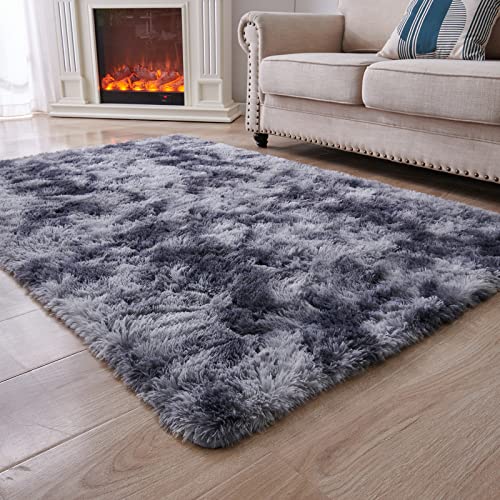 ANVARUG Modern Plush Area Rug 9x12 Ultra Soft Faux Fur Rugs, Non-Skid Bedroom Rugs for Kids Playroom Home Decor, Tie-Dyed Dark Grey - 9x12 Feet - Tie-dyed Dark Grey