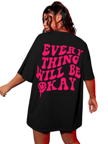 SOLY HUX Women's Oversized T Shirts Graphic Tees Letter Print Casual Summer Tops - Small Dark Green