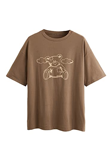 SOLY HUX Women's Cartoon Bear Print Short Sleeve Tee Casual Summer T Shirt Top - Medium - Mocha Brown